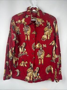 Vintage Sharon Young Button Down Shirt Native American Teepees Horses Size 4 USA